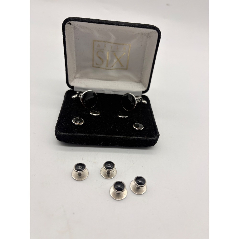 After Six Vintage Mens Cufflinks and Shirt Studs Set Black Silver Round Formal